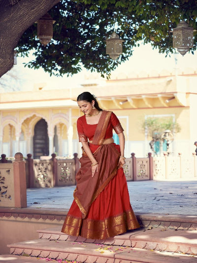 South Indian Half Saree | Red Silk Blouse Red Lehenga Gold Brocade Border
