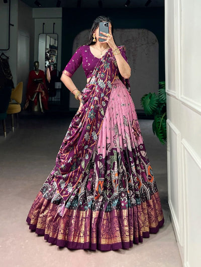 South Indian Half Saree | Purple Silk Blouse Purple Lehenga Pink Gold Border