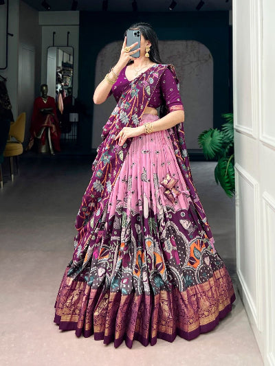 South Indian Half Saree | Purple Silk Blouse Purple Lehenga Pink Gold Border
