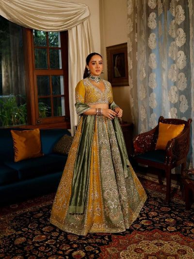 Mustard &amp; Green Embroidery &amp; Sequins Embellished Work Lehenga Choli Set