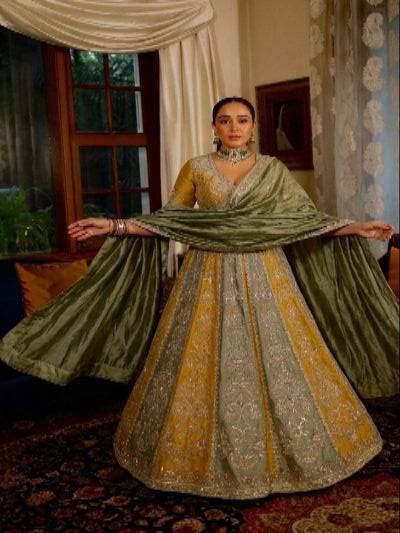 Mustard &amp; Green Embroidery &amp; Sequins Embellished Work Lehenga Choli Set