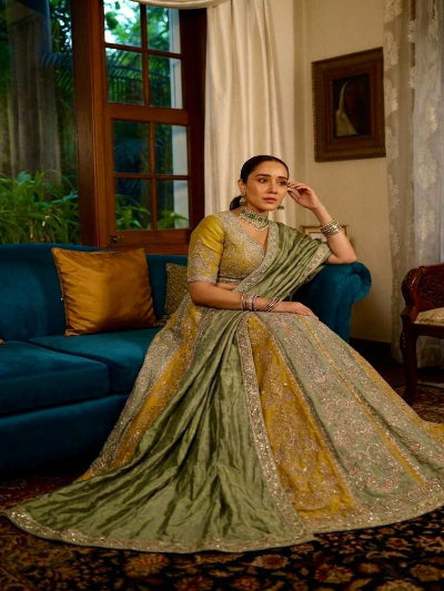 Mustard &amp; Green Embroidery &amp; Sequins Embellished Work Lehenga Choli Set