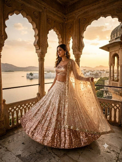 Rose Gold &amp; Silver Squins Embellished Lehenga holi Set