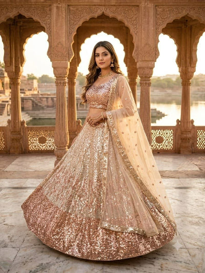 Rose Gold &amp; Silver Squins Embellished Lehenga holi Set