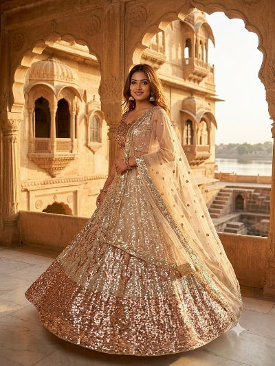 Rose Gold &amp; Silver Squins Embellished Lehenga holi Set