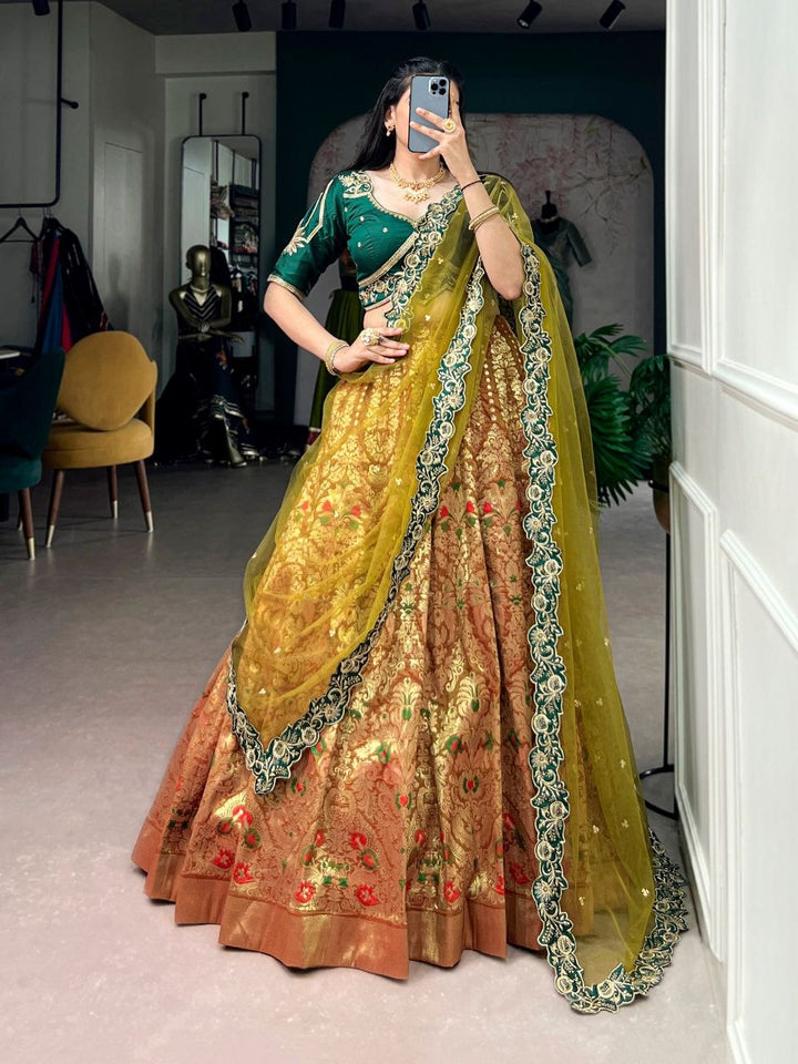 Green Jacquard Silk Lehenga Gold Embroidered Blouse Yellow Dupatta Set