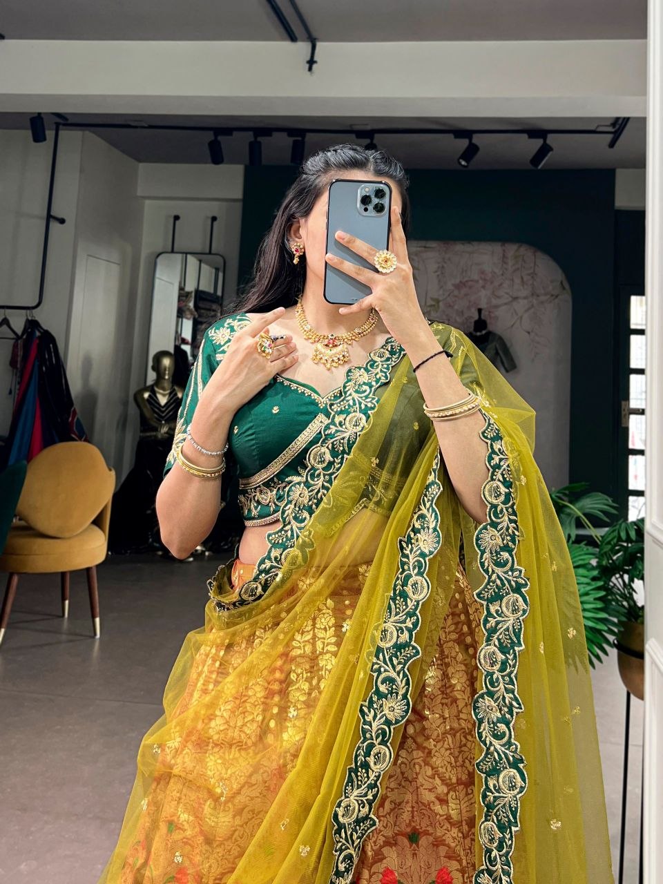 Green Jacquard Silk Lehenga Gold Embroidered Blouse Yellow Dupatta Set