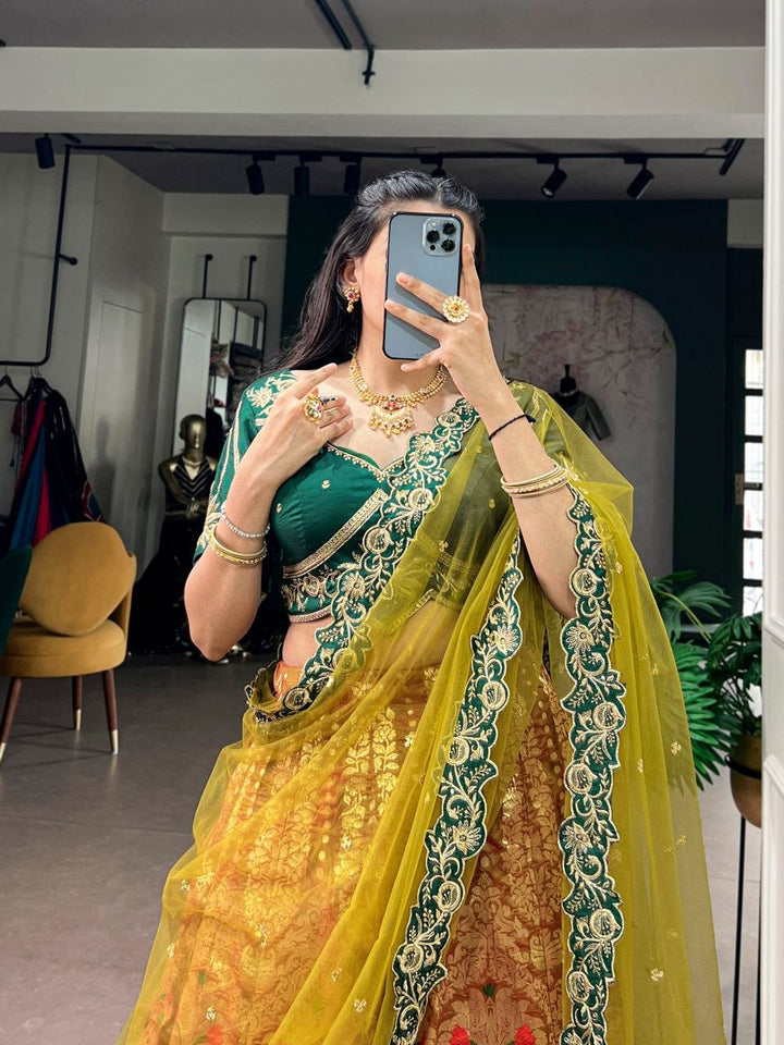 Green Jacquard Silk Lehenga Gold Embroidered Blouse Yellow Dupatta Set