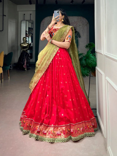 Red Paithani Jacquard Silk Zari Weaving Lehenga Choli Set