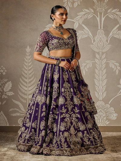 Purple Silk Gold Embroidered Wedding Lehenga Choli Set