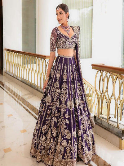 Purple Silk Gold Embroidered Wedding Lehenga Choli Set