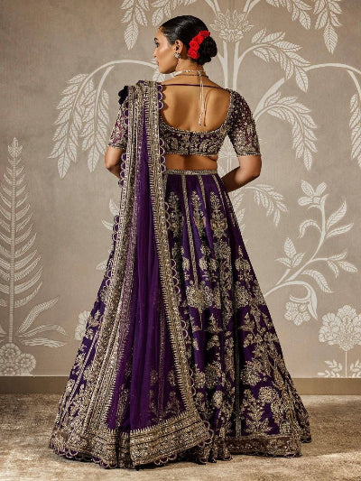 Purple Silk Gold Embroidered Wedding Lehenga Choli Set