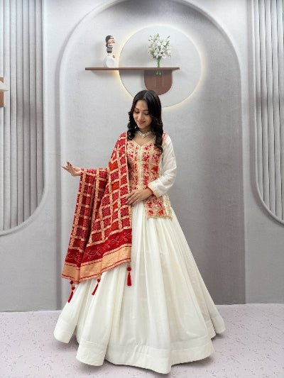 Cream Cotton Navratri Lehenga Red Embroidered Blouse Dupatta Set