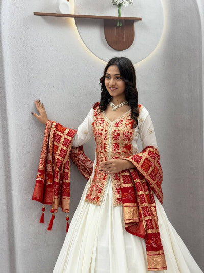 Cream Cotton Navratri Lehenga Red Embroidered Blouse Dupatta Set