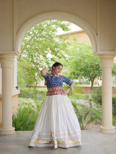 White &amp; Blue Cotton Navratri Embroidered Lehenga Choli Set