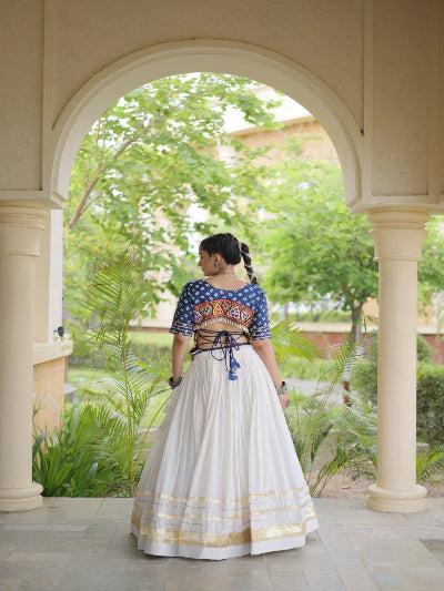 White &amp; Blue Cotton Navratri Embroidered Lehenga Choli Set