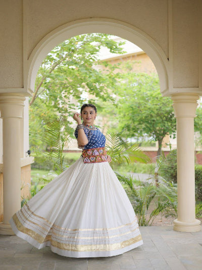 White &amp; Blue Cotton Navratri Embroidered Lehenga Choli Set