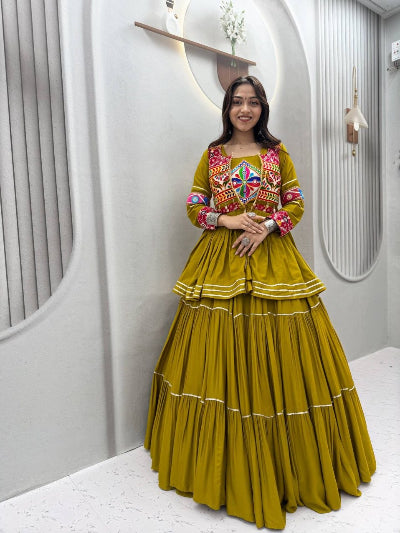 Mustard Olive Navratri Embroidered Work Lehenga Blouse with Koti