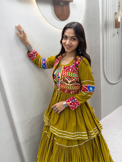 Mustard Olive Navratri Embroidered Work Lehenga Blouse with Koti