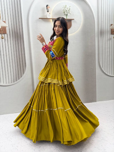 Mustard Olive Navratri Embroidered Work Lehenga Blouse with Koti