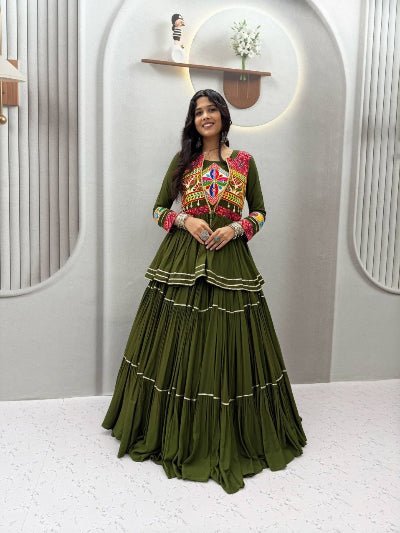 Olive Green Navratri Embroidered Work Lehenga Blouse with Koti
