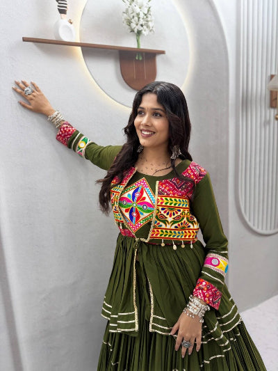 Olive Green Navratri Embroidered Work Lehenga Blouse with Koti