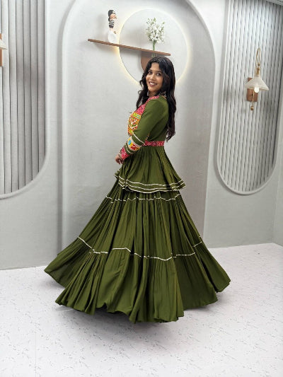 Olive Green Navratri Embroidered Work Lehenga Blouse with Koti