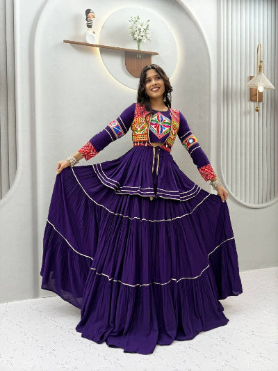 Purple Navratri Multi-Colored Embroidered Lehenga with Blouse &amp; Koti