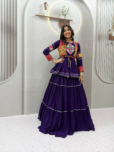 Purple Navratri Multi-Colored Embroidered Lehenga with Blouse &amp; Koti