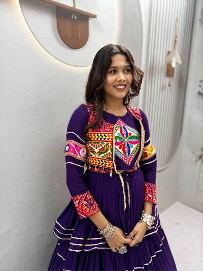 Purple Navratri Multi-Colored Embroidered Lehenga with Blouse &amp; Koti