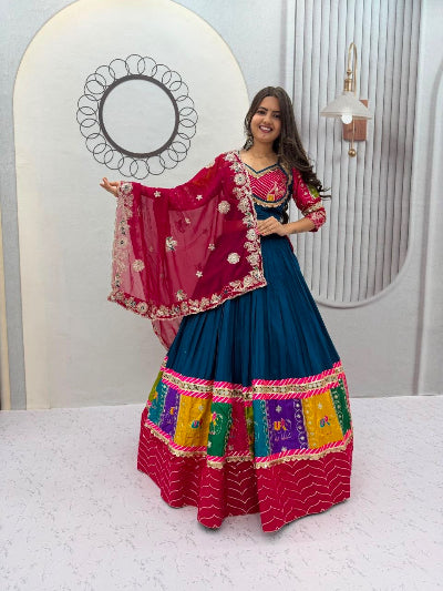 Teal Blue Multicolour Navratri Lehenga Choli Set For Women