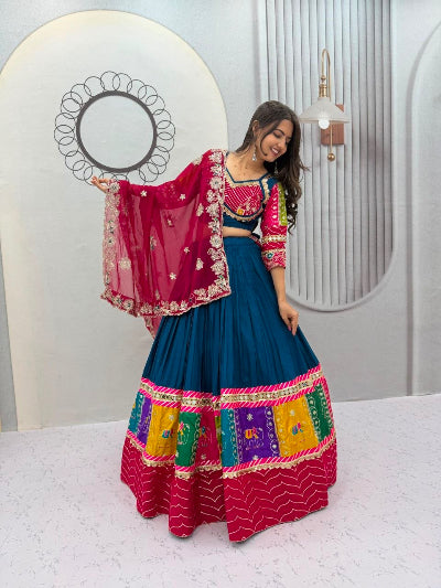 Teal Blue Multicolour Navratri Lehenga Choli Set For Women