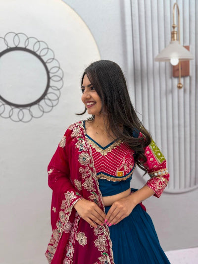 Teal Blue Multicolour Navratri Lehenga Choli Set For Women