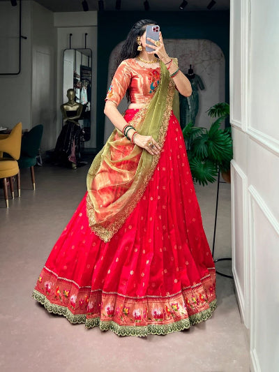 Red Paithani Jacquard Silk Soth Indian Ethnic Lehenga Choli Set