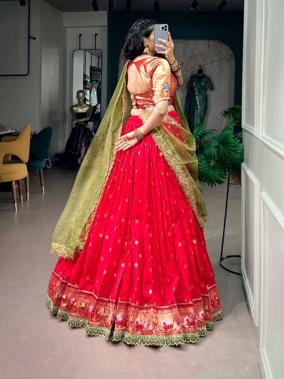 Red Paithani Jacquard Silk Soth Indian Ethnic Lehenga Choli Set
