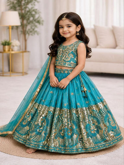 Kids Sky Blue Gold  Silk Lehenga Embroidered Blouse Dupatta Set