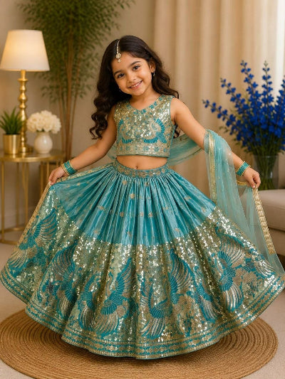 Kids Sky Blue Gold  Silk Lehenga Embroidered Blouse Dupatta Set