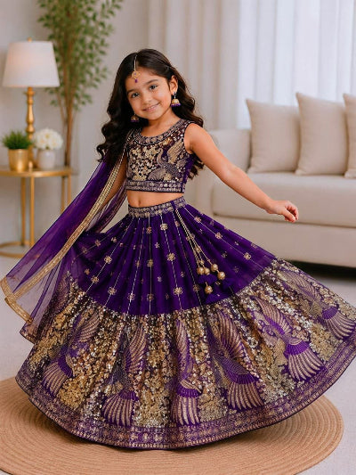 Kids Purple Gold Silk Lehenga Embroidered Blouse Dupatta Set