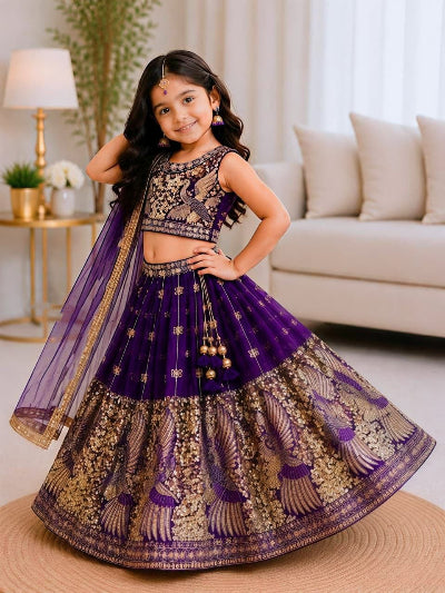 Kids Purple Gold Silk Lehenga Embroidered Blouse Dupatta Set