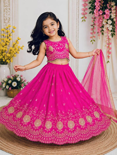 Kids Hot Pink Silk Lehenga Gold Embroidered Blouse Dupatta Set