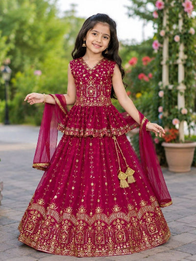 Kids Magenta Pink Georgette Peplum Embroidered Lehenga Set