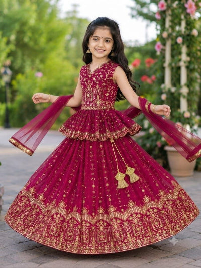 Kids Magenta Pink Georgette Peplum Embroidered Lehenga Set