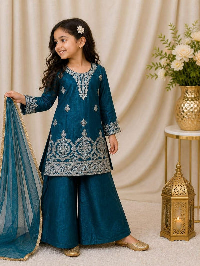 Kids Teal Silk Kurta Embroidered Palazzo Dupatta Set