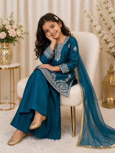 Kids Teal Silk Kurta Embroidered Palazzo Dupatta Set