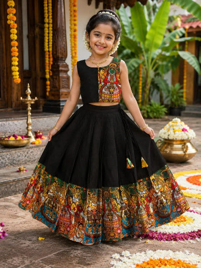 Kids Black Cotton Lehenga Multi-Colored Traditional Print Blouse Set