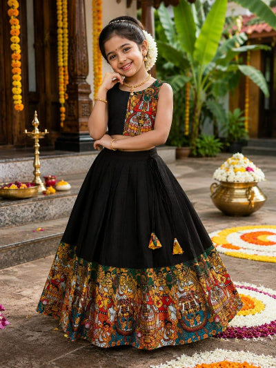 Kids Black Cotton Lehenga Multi-Colored Traditional Print Blouse Set
