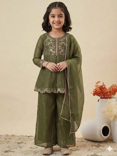 Kids Olive Green Crunchy Silk Embroidered Palazzo Dupatta Set