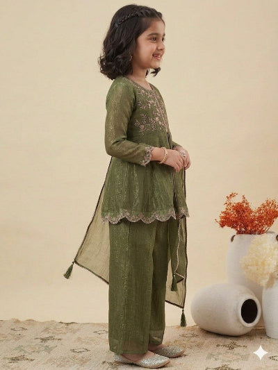 Kids Olive Green Crunchy Silk Embroidered Palazzo Dupatta Set