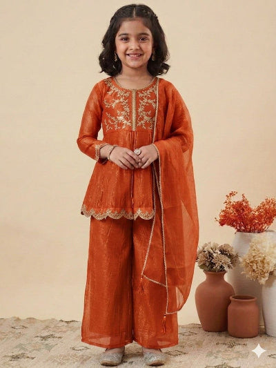 Kids Orange Crunchy Silk Embroidered Palazzo Dupatta Set