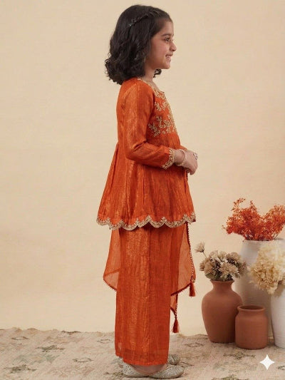 Kids Orange Crunchy Silk Embroidered Palazzo Dupatta Set